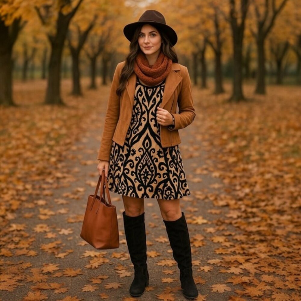 Cezanne Womens M Dress Black Tan Ikat Print Bell Sleeve Boho Chic Festival Retro